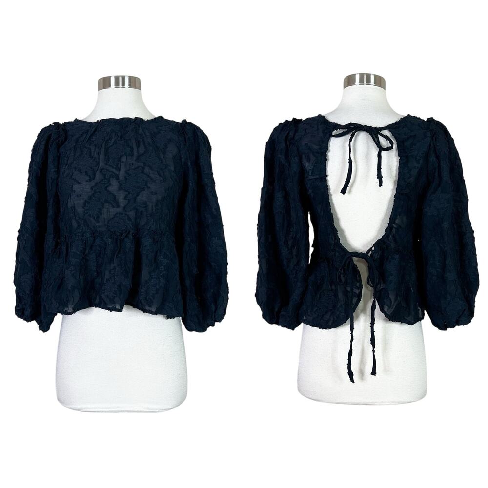 NEW Free People | Callie Puff Sleeve Flocked Open Tie Back Peplum Crop Top XS